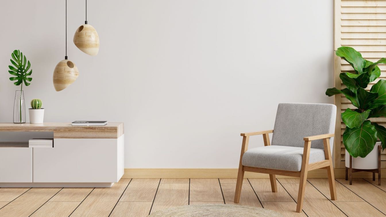 Living Room Interior Wall Warm Tones Gray Armchair With Wood Cabinet 3d Rendering